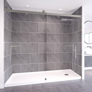 Slate Grey-Tetherow 60 in.L x 32 in.W x 99in.H Floor/Ceiling Base/Wall/Door Alcove Shower Stall/Kit Brushed Nickel Right