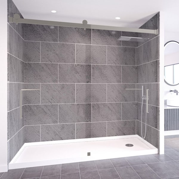 Slate Grey-Tetherow 60 in.L x 32 in.W x 99in.H Floor/Ceiling Base/Wall/Door Alcove Shower Stall/Kit Brushed Nickel Right