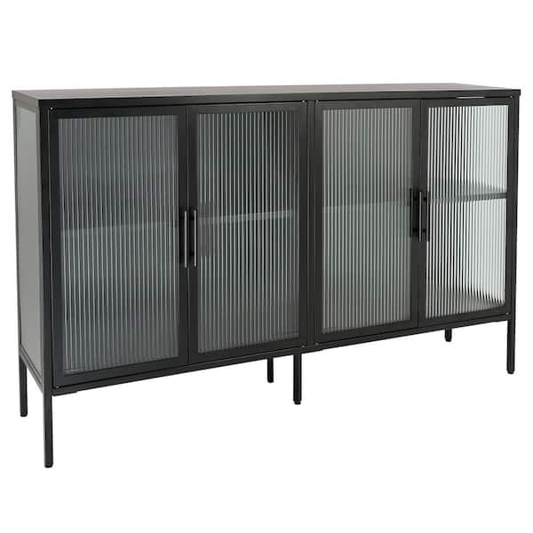 Miscool Anky 59.17 in. W x 13.86 in. D x 35.91 in. H Black Freestanding Bathroom Linen Cabinet with Fluted Glass Doors