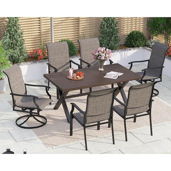 PHI VILLA Black 7-Piece Metal Outdoor Dining Set with Padded Swivel Rocker Texitilene Chair and Wood-Look Pattern Table