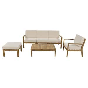 Brown 6-Piece Acacia Wood Outdoor Patio Sectional Set with Coffee Table and Beige Removable Cushion