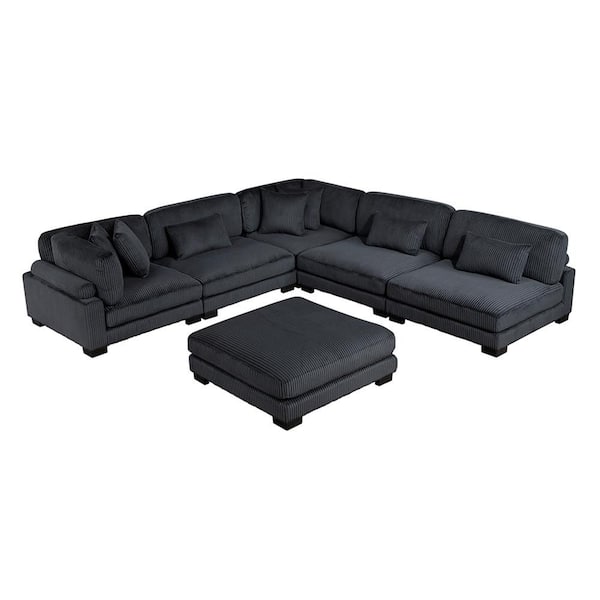Lazzara Turbo 135 in. Pillow Top Arm 6-Piece Corduroy Fabric Modular Sectional Sofa in. Black with Ottoman