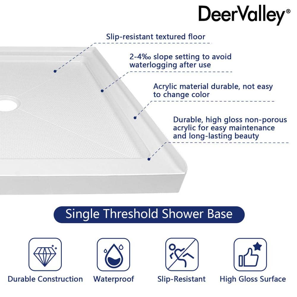 DeerValley 35" White Acrylic Square Shower Base with Center Drain