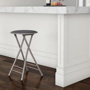24 in. Round Metal Counter Bar Stool with Padded Vinyl Seat, Portable Folding Chair for Kitchen or Rec Room, Gray