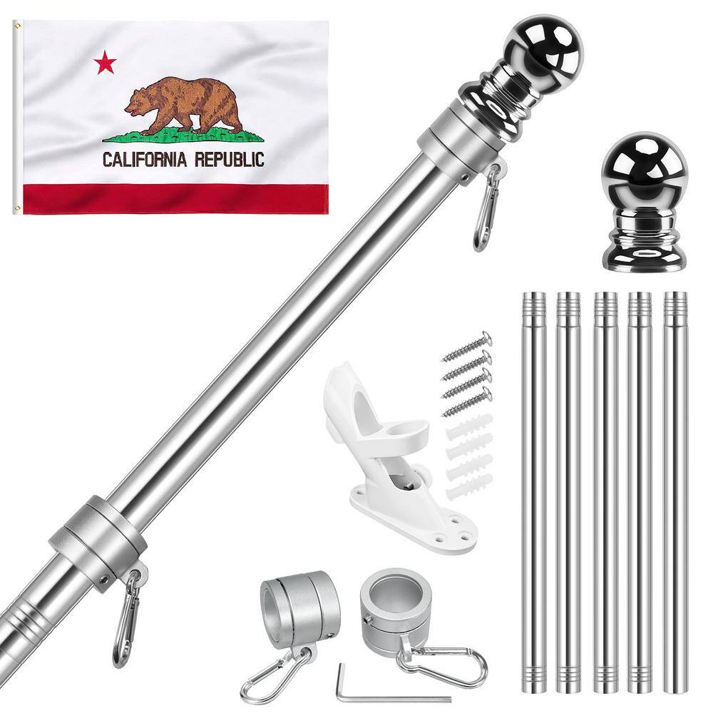  Flag Stars 3 ft. x 5 ft. Polyester California Flag 2-Sided House Flag with 6 ft. Flagpole Kit - Sliver