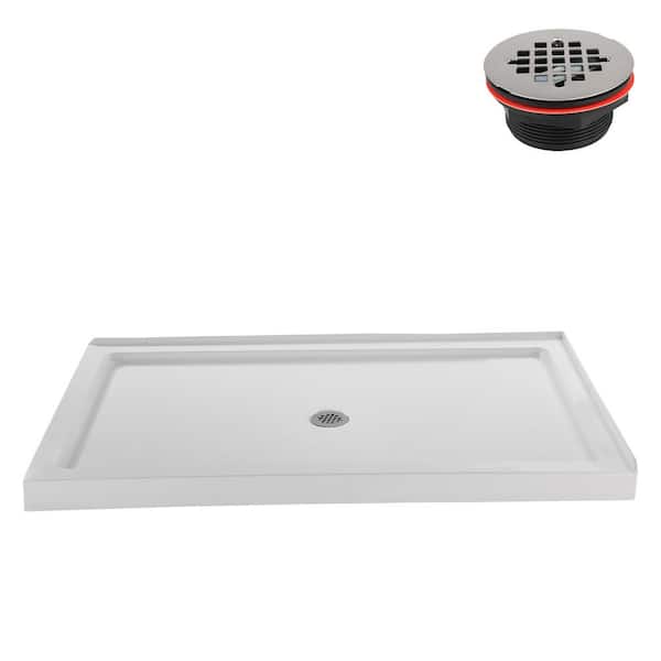 60 in. L x 36 in. W Corner Acrylic Shower Pan Base in Glossy White with Center Drain, Drain Included