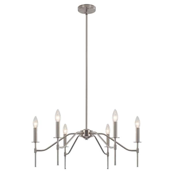 6-Light Nickel Modern Farmhouse Height Adjustable Candlestick Chandelier for Living Room Bedroom Entry Hallway