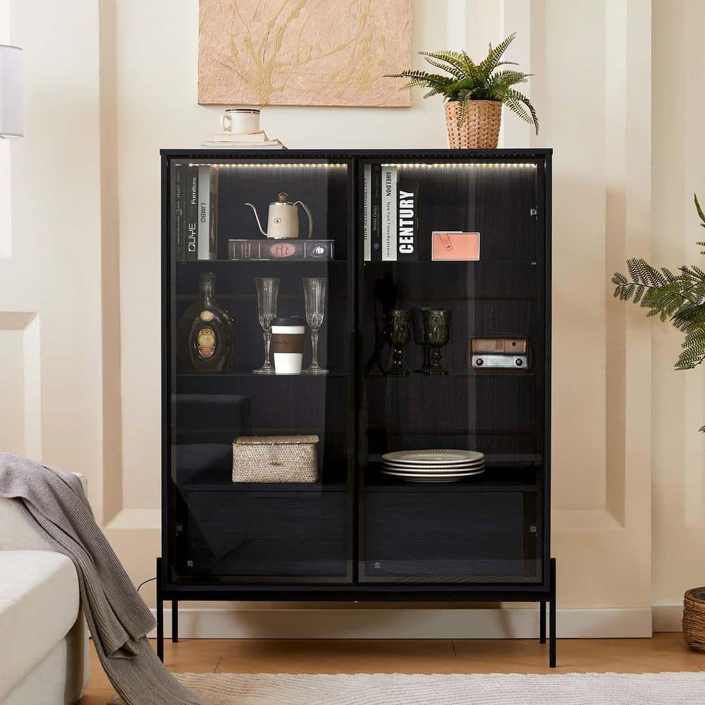 Black 51.2 in. Tall Lighted Display Cabinet Modern LED Curio Cabinet Storag