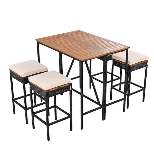 Gruisse 5-Piece Acacia Wood Outdoor Dining Bar Height Set with Cushions, Foldable PE Rattan Table and 4 Stools, Brown