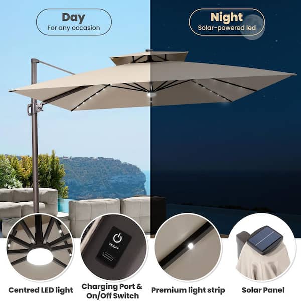 11-ft solar powered market patio umbrella with base Yescom 11FT 3 Tier UV70+ LED Crank Tilt Enhance your outdoor experience with our 11x11 9/10/11/12ft Solar LED Square Cantilever