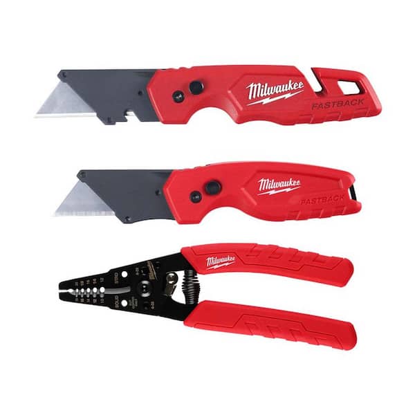 Milwaukee FASTBACK Folding Utility Knife and Compact Folding Utility Knife with 10-18 AWG Wire Stripper and Cutter (3-Piece)