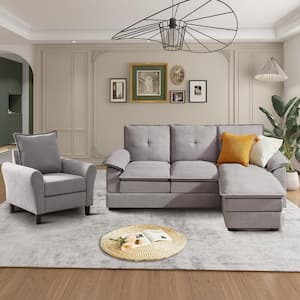 82.28 in. Top Pillow Arm Fabric L Shape Sectional Sofa with Reversible Ottoman and Chair in Light Grey