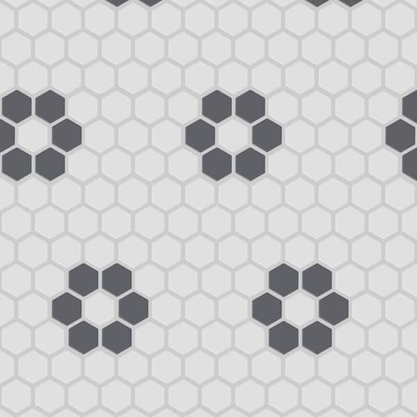 Merola Tile Gotham 1 in. Hex White with Black Flower 10-1/4