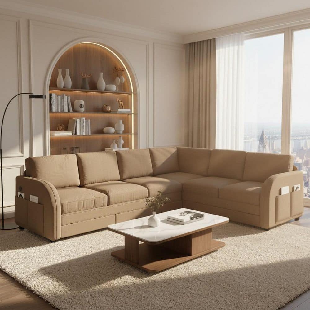KURO 118 in. Teddy L-Shaped Queen Size Sleeper Sofa Bed in Teddy Brown, with Round Arms and Pull-Out Bed, USB Charging price history on PriceWatchPro