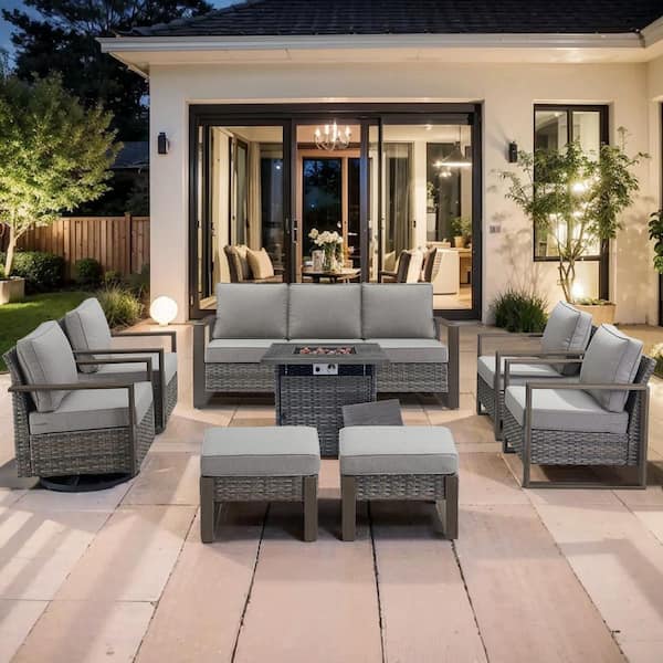 Cube Edge 8-Piece Gray Wicker Fire Pit Conversation Set with Olefin Gray Cushions and Couch/Patio Swivel Chairs