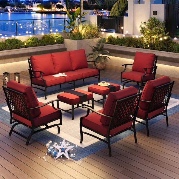PHI VILLA Black Meshed 9-Seat 7-Piece Metal Outdoor Patio Conversation Set with Red Cushions 2 Motion Chairs and 2 Ottomans