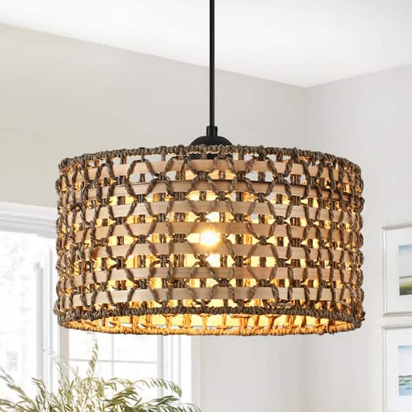 ZSMIHDOH 11.8 in. 1-Light Black and Natural Pendant Light with Rattan Shade, No Bulbs Included