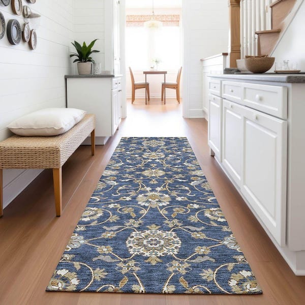 Mayfield Premium Machine Washable Abstract AMF1149 Navy 2 ft. 3 in. x 7 ft. 6 in. Runner Rug
