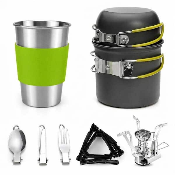 9-Piece Aluminum Nonstick Cookware Set with Mini Stove, Stainless Steel Cup, Anti-Heat Handles in Green