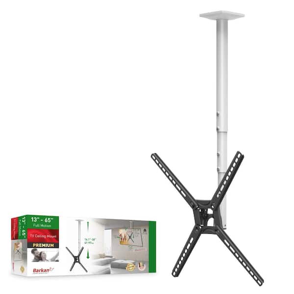 Barkan 29" to 65" Full Motion - 3 Movement Flat / Curved TV Ceiling Mount, White & Black, Telescopic Adjustment