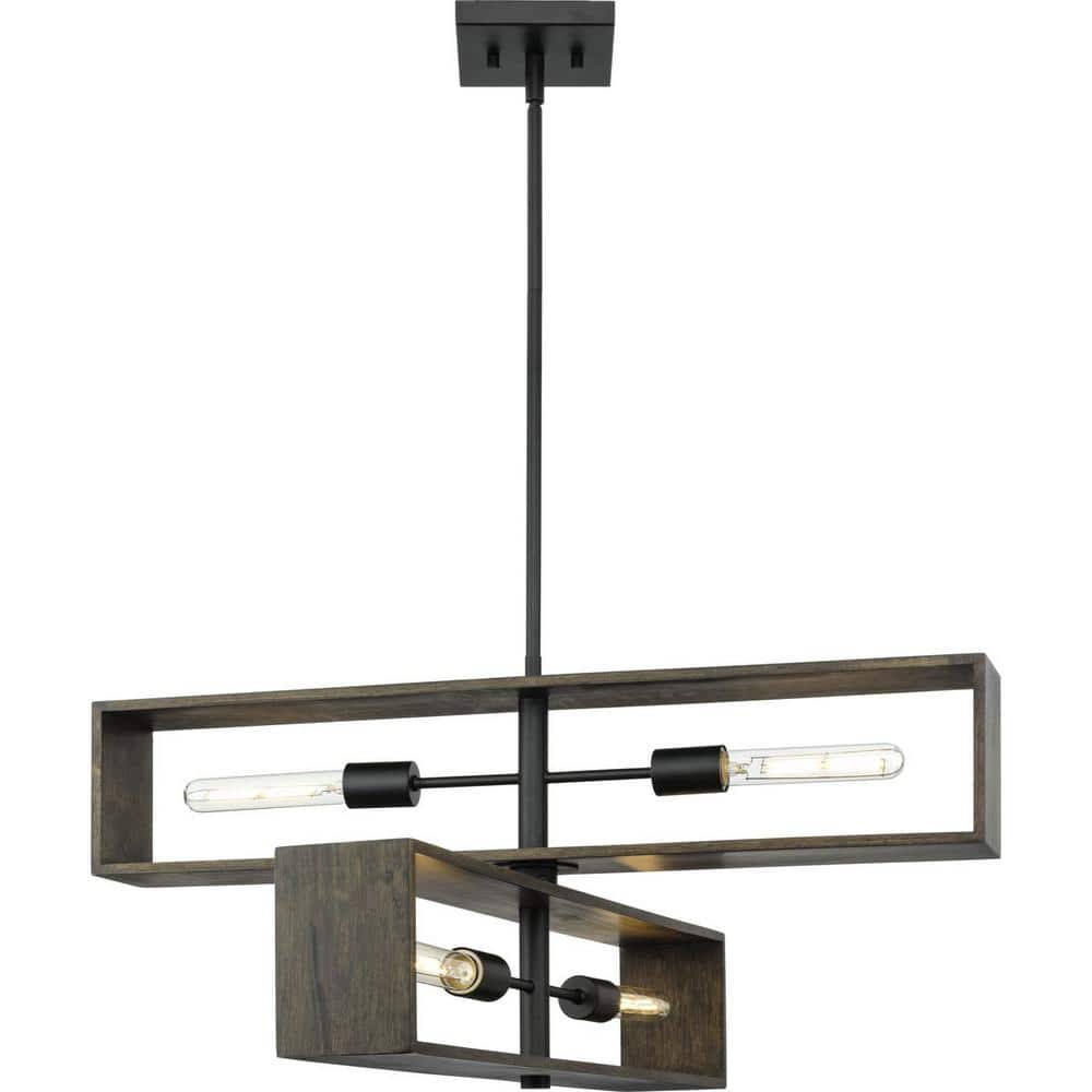 Matte Black and Wood 4-Light Geometric Chandelier