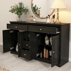 5 Drawers Black Wooden Dresser With 4 Doors and Adjustable Shelves 59.1 in. W x 33.5 in. H x 15.7 in. D