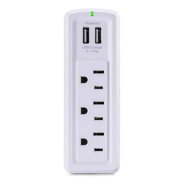 3-Outlet Surge Protector With 2 USB Charging Port LED Wall Tap AC Power Plug 