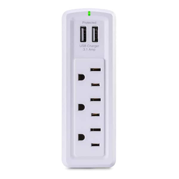 CE TECH 3-Outlet Travel Wall Mounted Surge Protector with USB, White