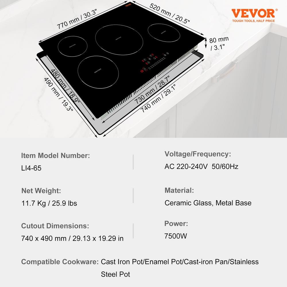 30 Inch Black Ceramic 4 Burner Induction Cooktop with Touch Control