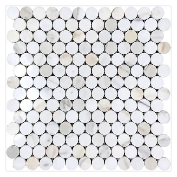 Serena 11 in. x 12 in. Polished White Gray Marble Mosaic Penny Round Wall and Floor Tile (4.47 sq. ft./case)-5 Pack