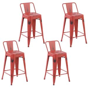 VUSTU 24 in. Kitchen Counter Height Red Metal Bar Stools with square Seats and Removable Backrest, Set of 4