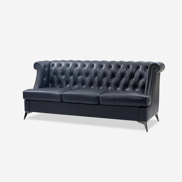 JAYDEN CREATION Rebeca 81.5 in. Wide Rolled Arm Genuine Leather Rectangle Nailhead Trims Sofa in. Navy