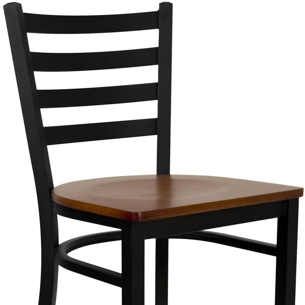 Elegant Ladder Back Black Metal Barstool with Cherry Wood Seat