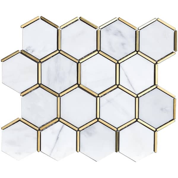 MOLOVO Natural Blanco White Gold 12.8 in. x 11.11 in. Honeycomb Polished Marble Mosaic Tile Sample
