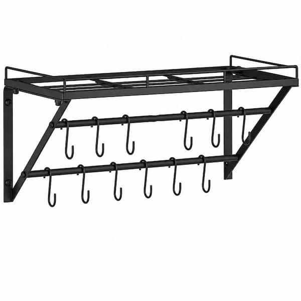 23 in. Wall Mounted Pot Rack Storage Shelf with 2 Tier Hanging Rails for Pans, Utensils, Cookware