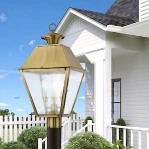 Willowdale 22 in. 3-Light Antique Brass Cast Brass Hardwired Outdoor Rust Resistant Post Light with No Bulbs Included