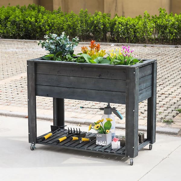 Ejoy in. x 32 in. x 20 in. Dark Grey Wooden Elevated Planter with Shelf and Wheels WoodPlanterCarriageGREY_40x32x20 - The Home Depot