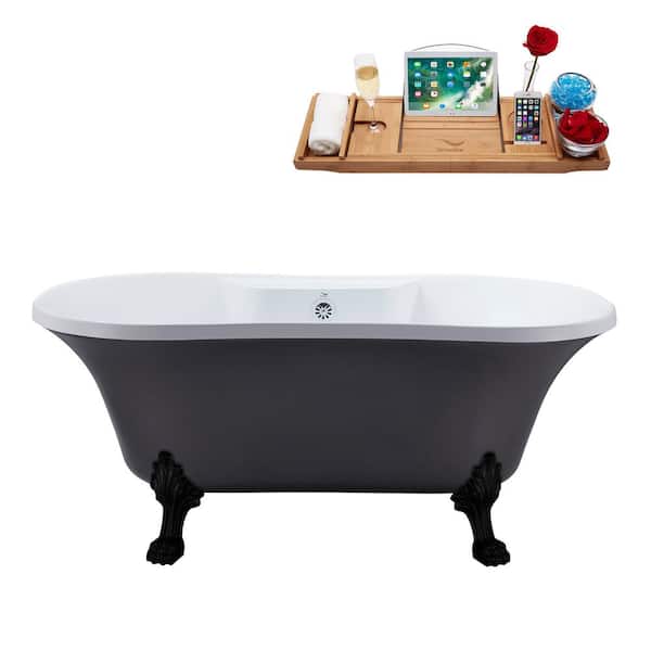 Streamline 60 in. Acrylic Clawfoot Non-Whirlpool Bathtub in Matte Gray With Matte Black Clawfeet And Polished Chrome Drain