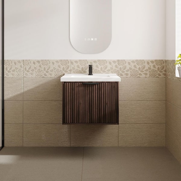 VLeaf 24 in. W x 19 in. D x 19 in. H Single Sink Wall Hung Bath Vanity Cabinet in Dark Walnut with White Ceramic Top