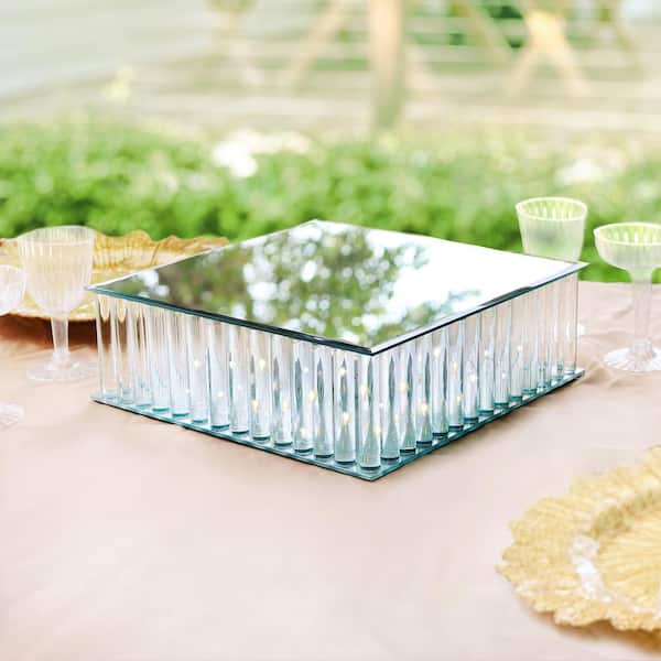 1-Tier Clear Square Mirror LED Fairy Light Up Glass Columns Cake Stand Dessert Display Tray 12 in.