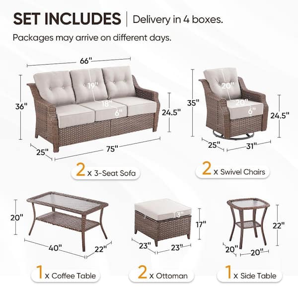 Modern Farmhouse 8-Piece Brown Wicker Patio Conversation Set with 6 In. Beige Cushions/3-Seat Sofa with Swivel Chairs