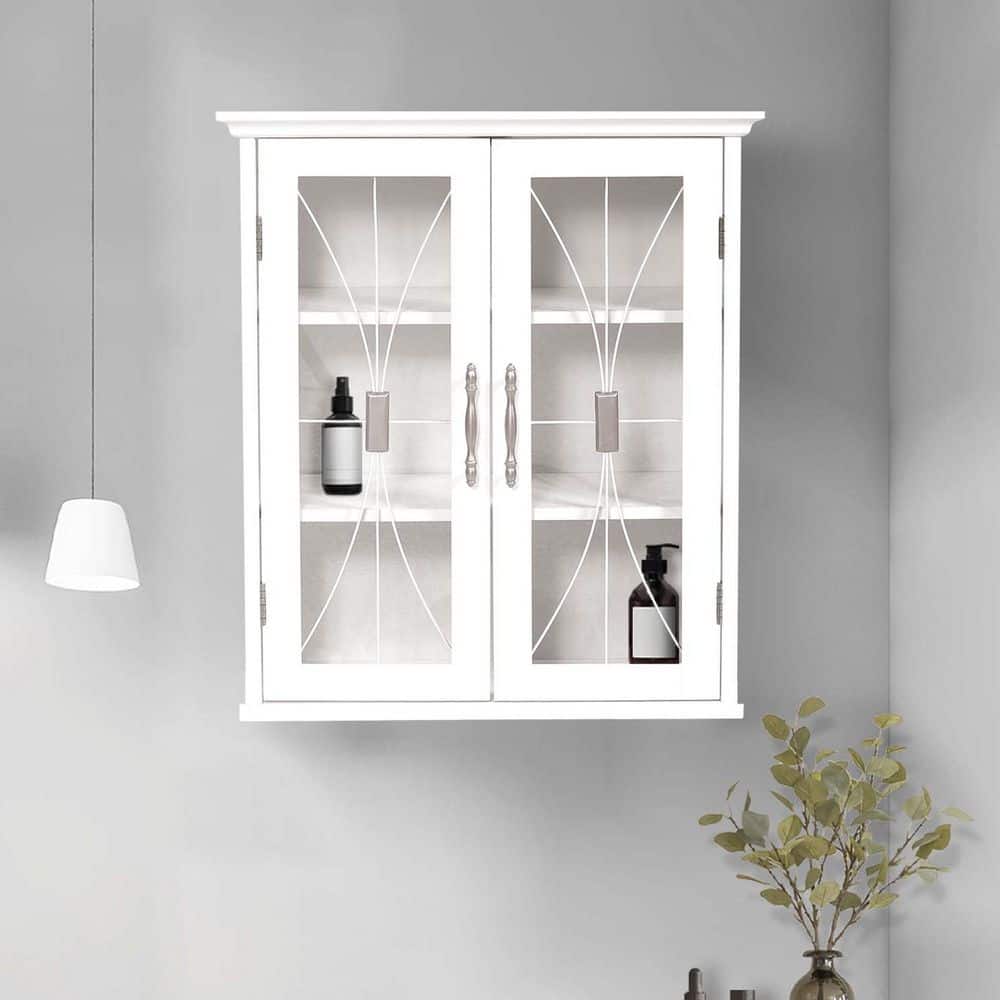 White Engineered Wood Wall Cabinet with Tempered Glass Doors