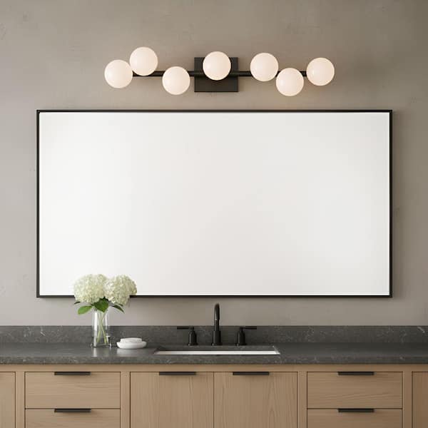 Studio Altair 32 in. 7-Light Aged Iron Bathroom Vanity Light with Milk Glass Shades