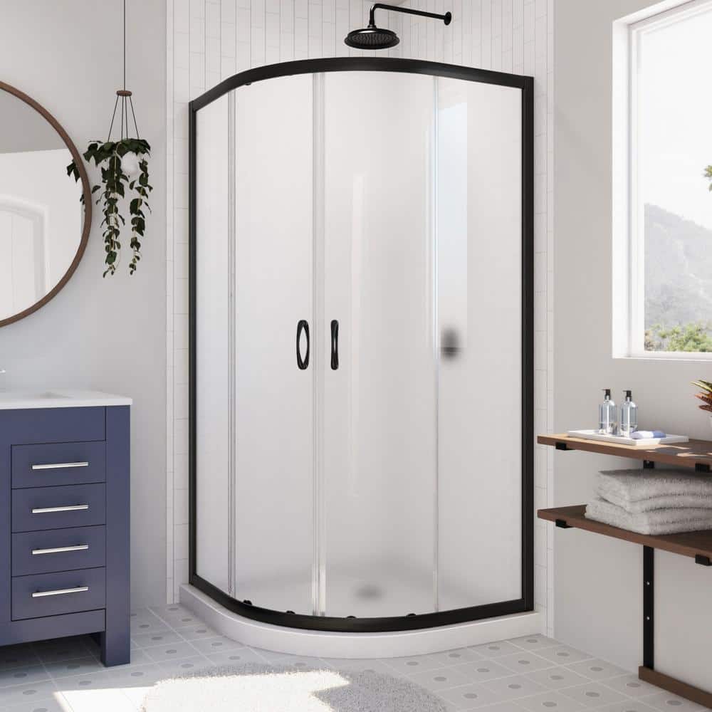 Prime 33" Matte Black and Frosted Glass Sliding Shower Enclosure with White Base