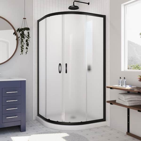 DreamLine Prime 38 in. W x 74 3/4 in. H Neo Angle Sliding Semi-Frameless Corner Shower Enclosure in Matte Black with Frosted Glass