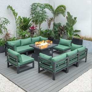Chelsea Black 9-Peice Aluminum Sectional and Patio Fire Pit Set with Green Cushions