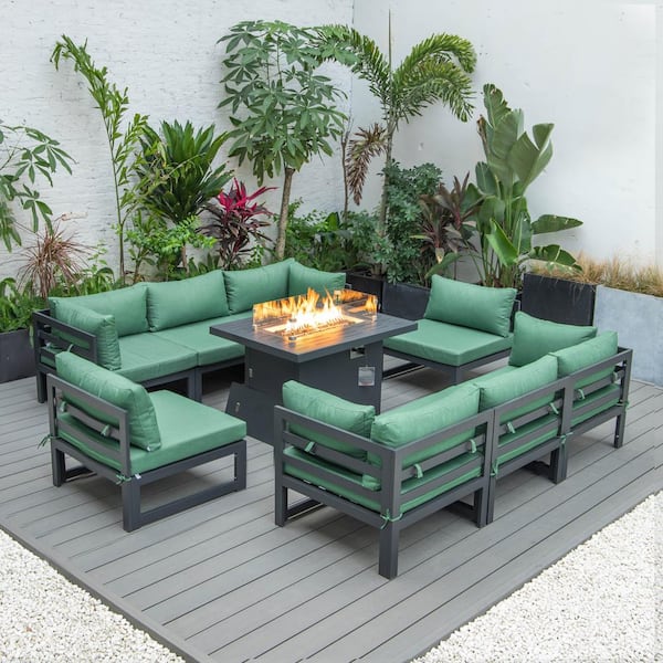 Leisuremod Chelsea Black 9-Peice Aluminum Sectional and Patio Fire Pit Set with Green Cushions