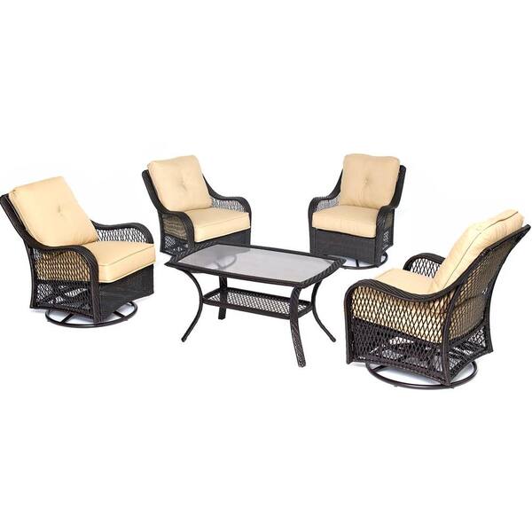 Hanover Orleans 5-Piece Wicker Patio Conversation Set with Sahara Sand Cushions