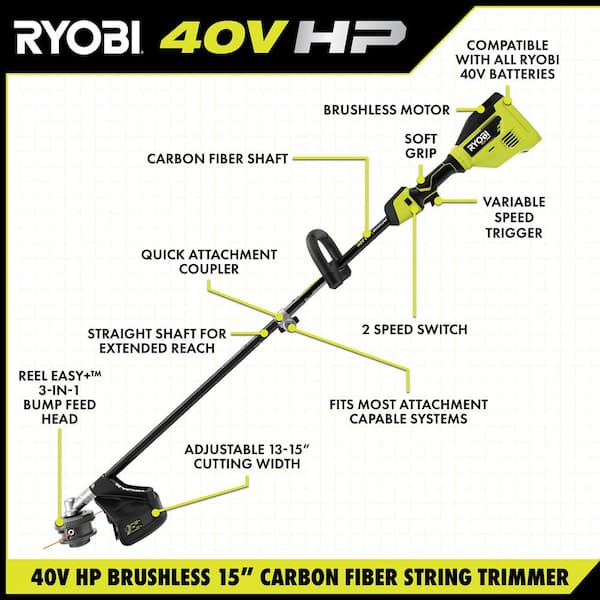 RYOBI 40V HP Brushless Whisper Series 17 in. Cordless Battery Carbon Fiber  Shaft String Trimmer (Tool-Only) RY402011BTL - The Home Depot