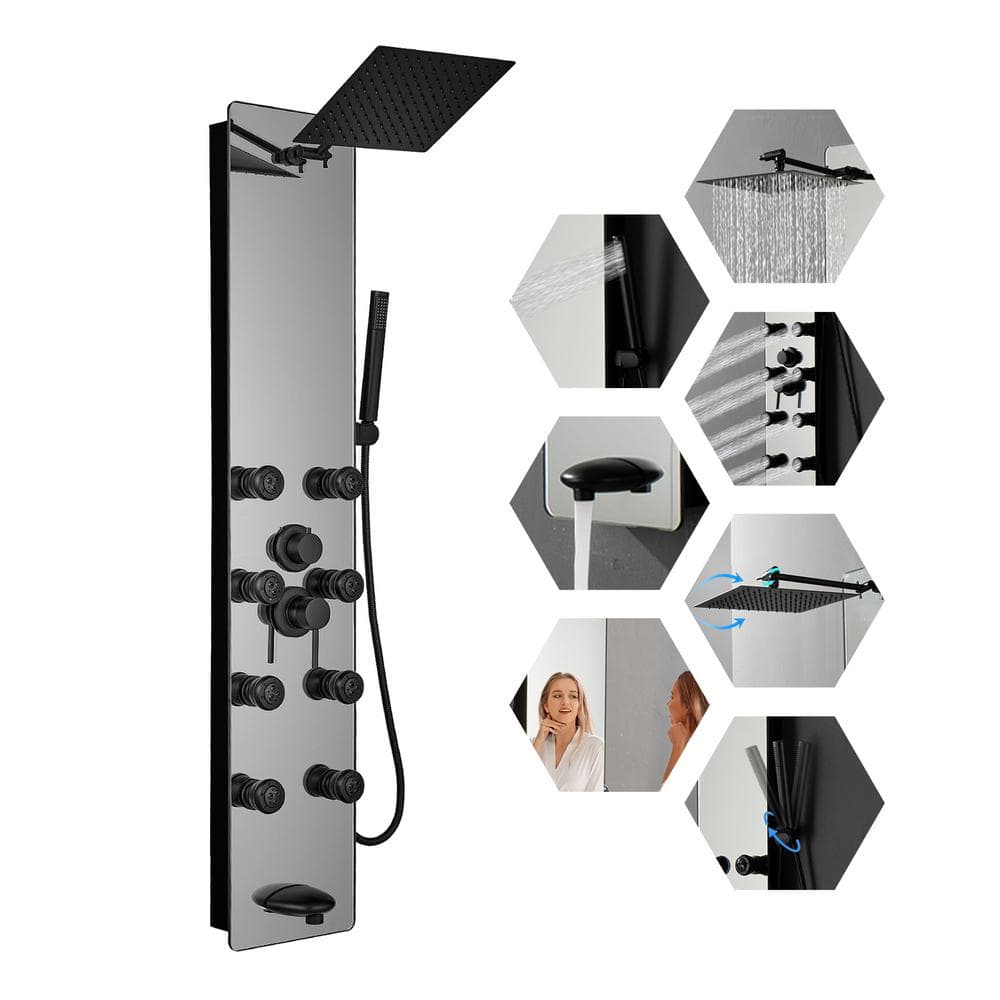 Matte Black Solid Brass Shower Panel System with Adjustable Head